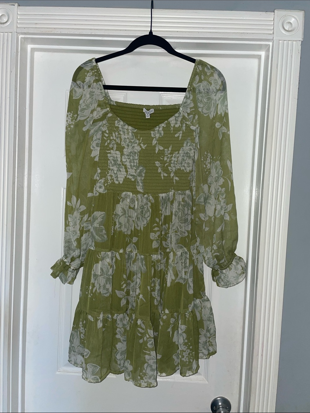 Patrons of Peace Olive Green Floral Long Sleeve Dress